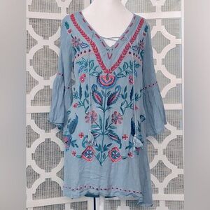 Sunny Oceans Embroidered Blue Tunic Top Cover Up Coverup Beach Medium Boho